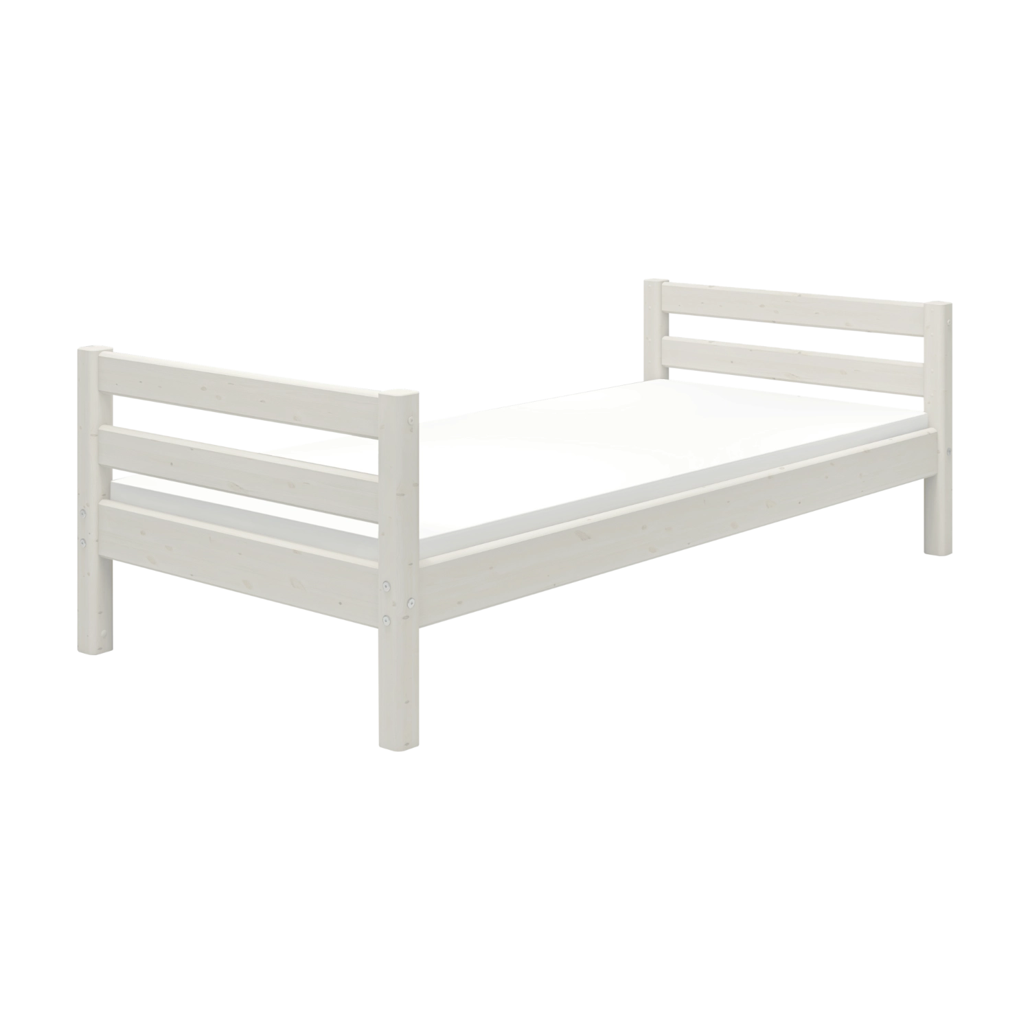 FLEXA WHITE single bed, 90x200 cm, Scandinavian style with slat base and mattress, shown in a child’s bedroom.