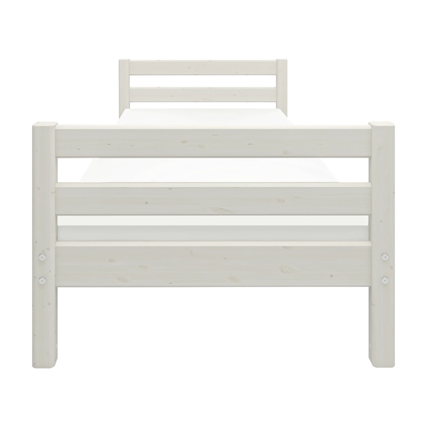 FLEXA white single bed, Scandinavian style, built-in slat base, child-friendly design in a kid’s bedroom setting.