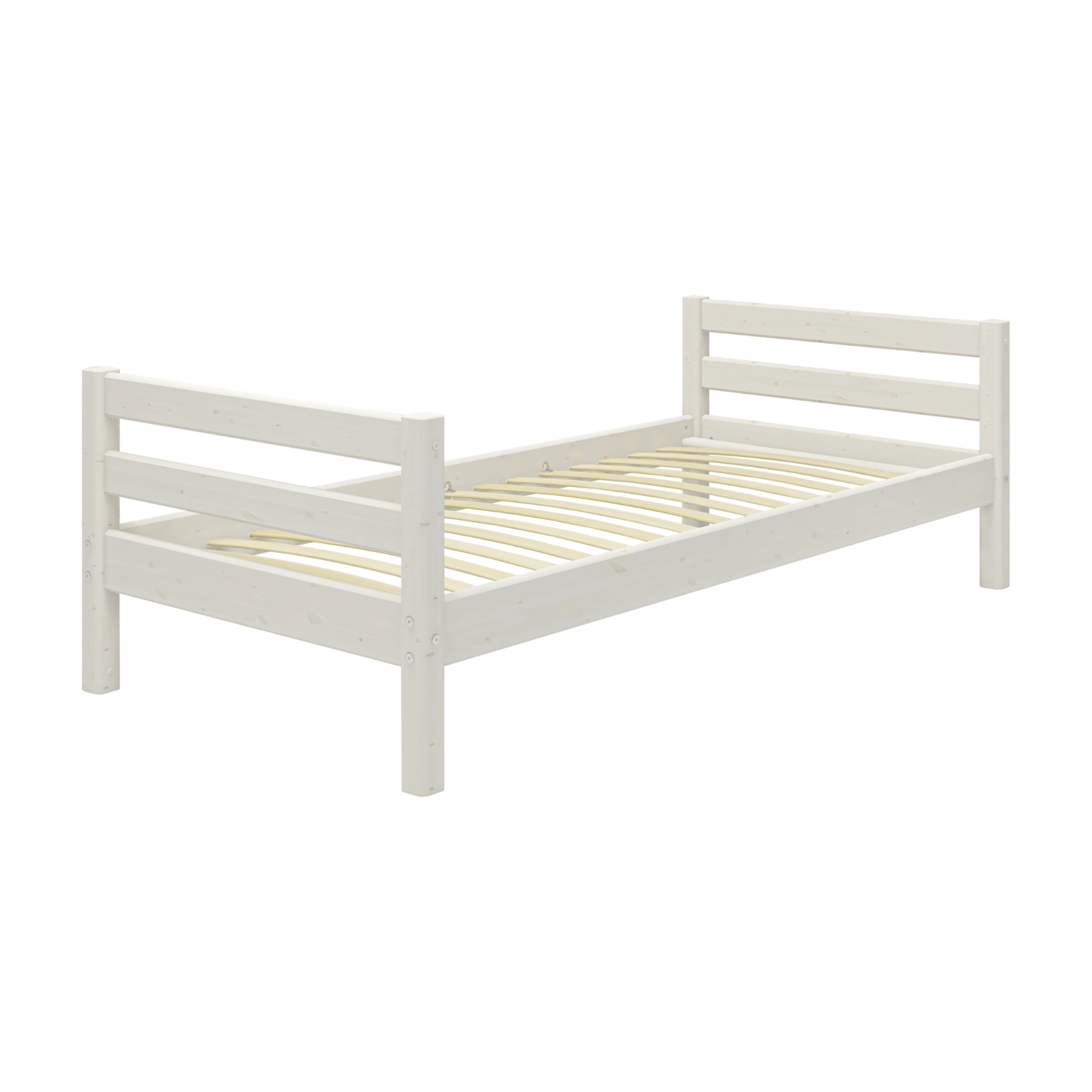 FLEXA single bed from WHITE collection, white wood frame with headboard, child-safe rounded edges, in child’s bedroom.