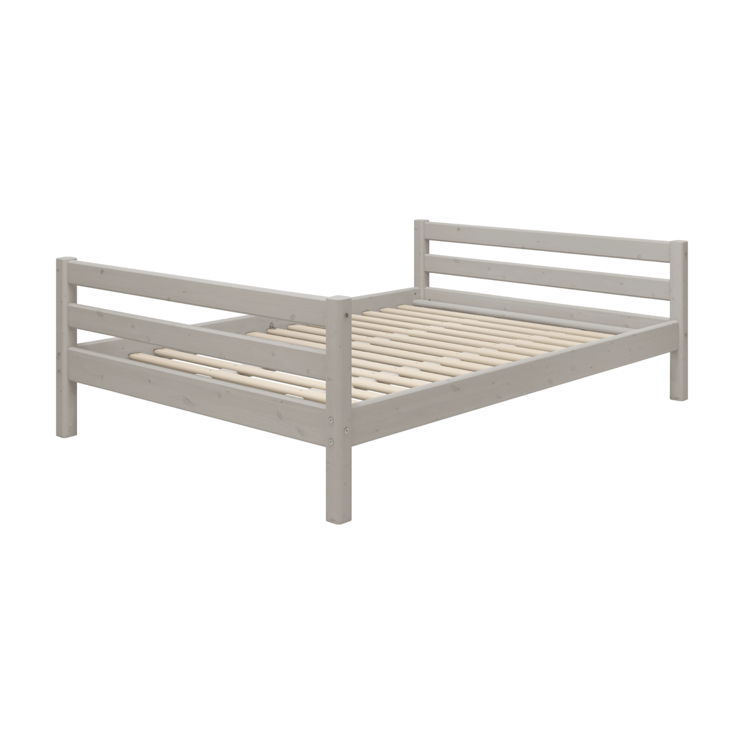 FLEXA CLASSIC grey pine single bed with slatted base, headboard, and footboard in a child’s bedroom.