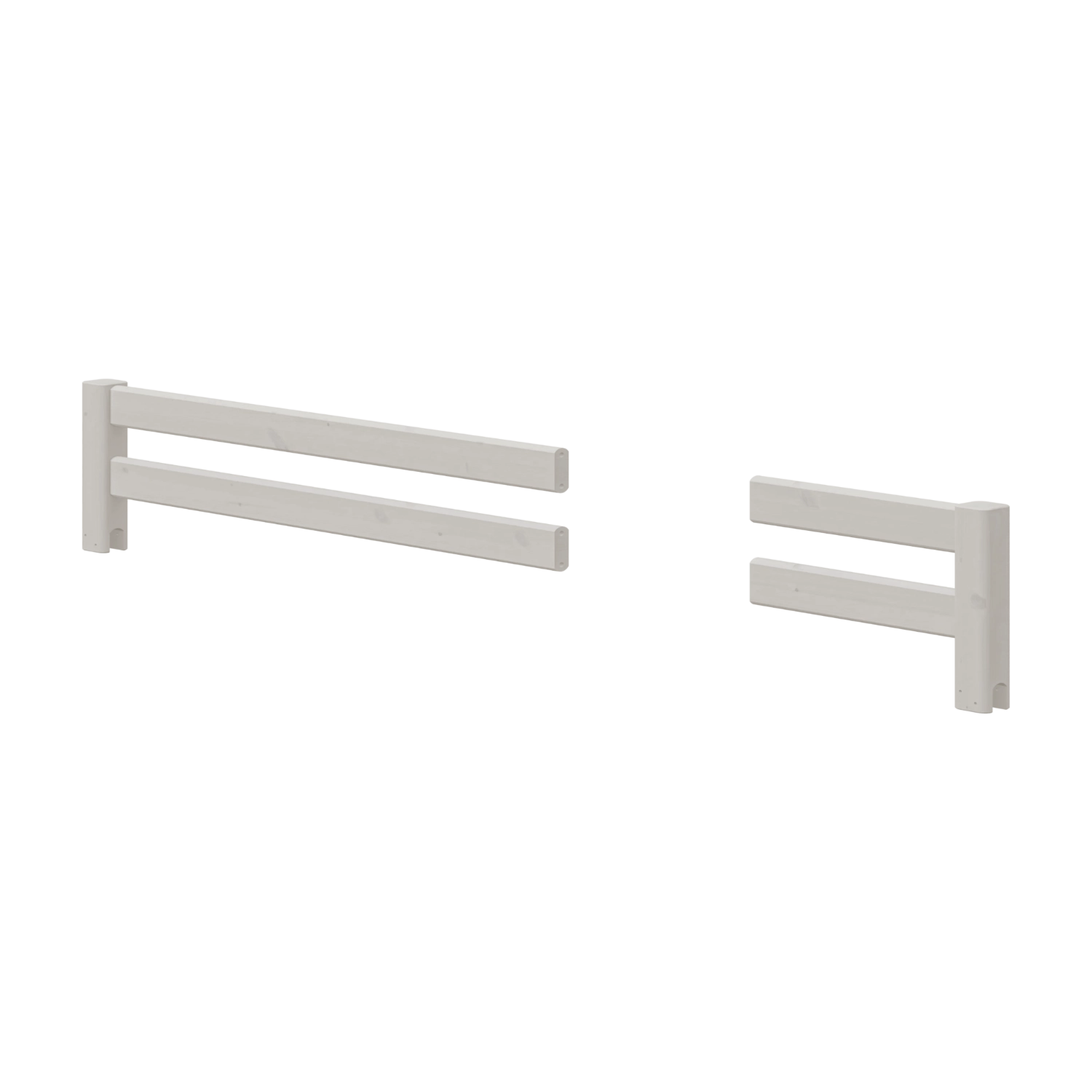 Pair of grey FLEXA divided safety rails, one long and one short, shown on white, child-safe bedside design.