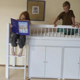High Bed 120 cm with Straight Ladder and Safety Rail, 90x200 cm, WHITE, Crossbars
