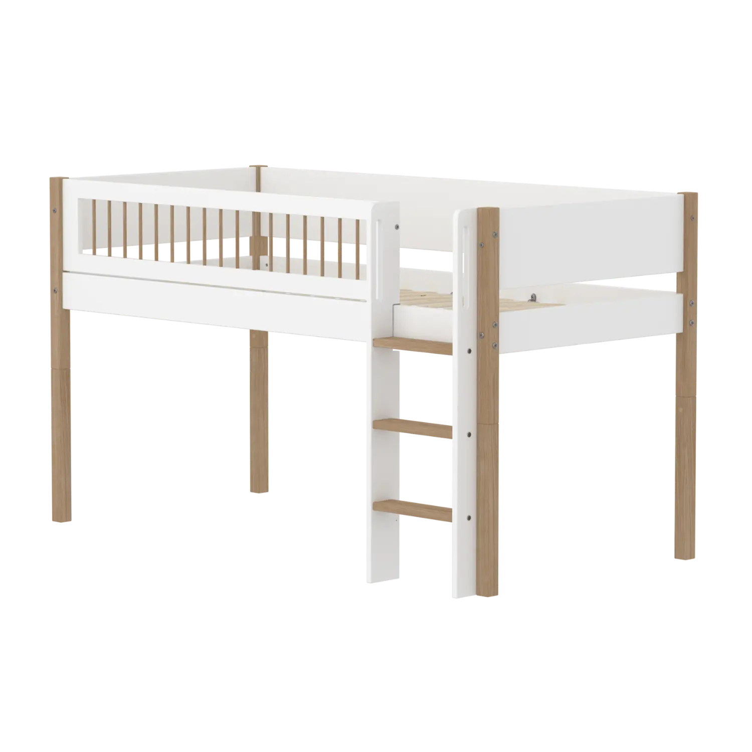 High Bed 120 cm with Ladder and Safety Rail, 90x200 cm, White/Oak MID_HIGH-BED midslp-f-wht-mdf-200x90-legs-crossbars-oak-str-ladder  flexa-com.myshopify.com