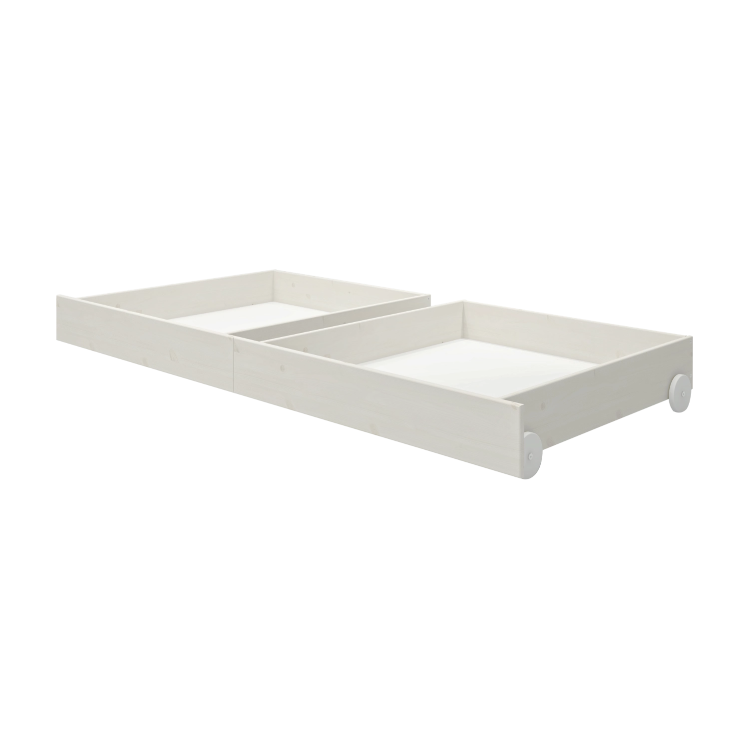 FLEXA WHITE pine underbed drawers on wheels for kids, paired beneath a single bed, child-safe with smooth edges.