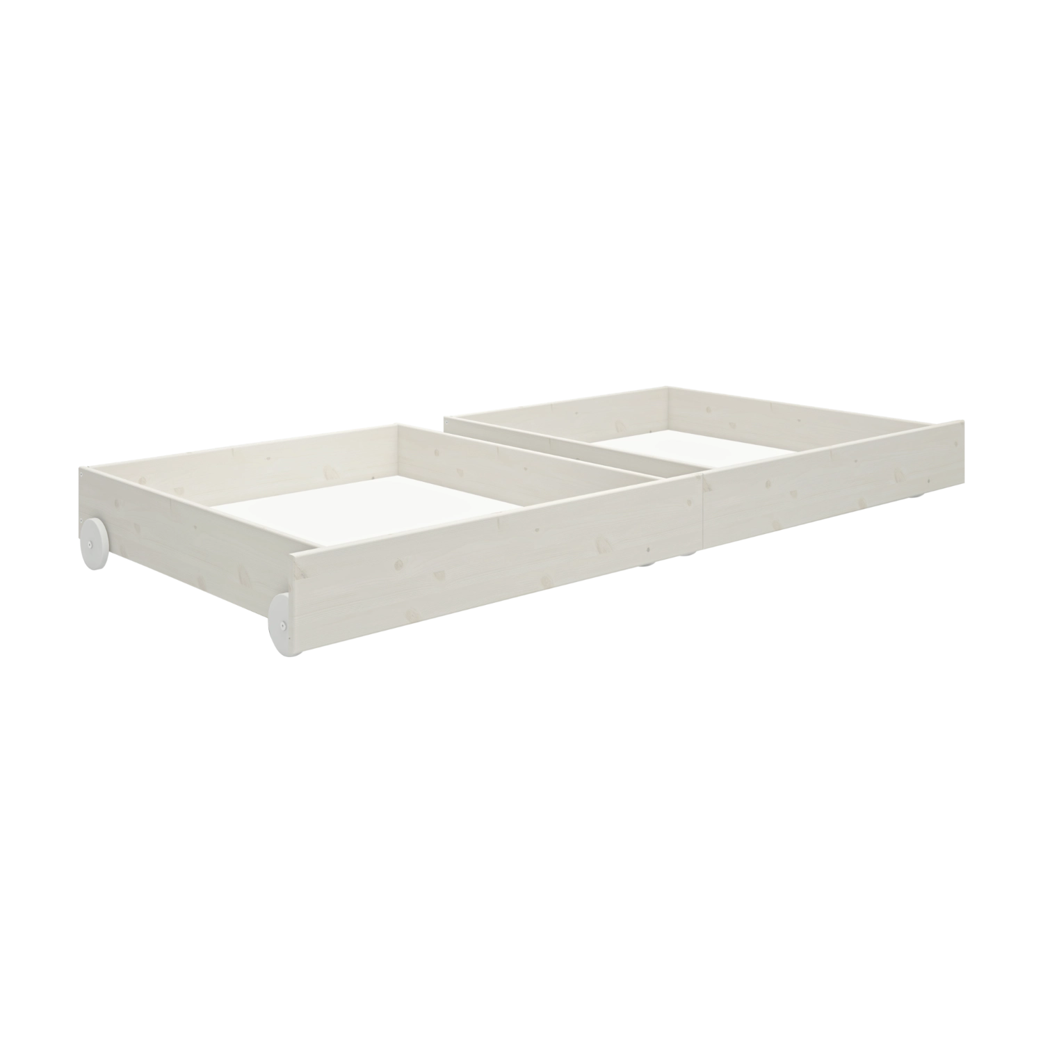 FLEXA WHITE drawers, pine with wheels, fit neatly under bed in child’s room; safe edges visible.