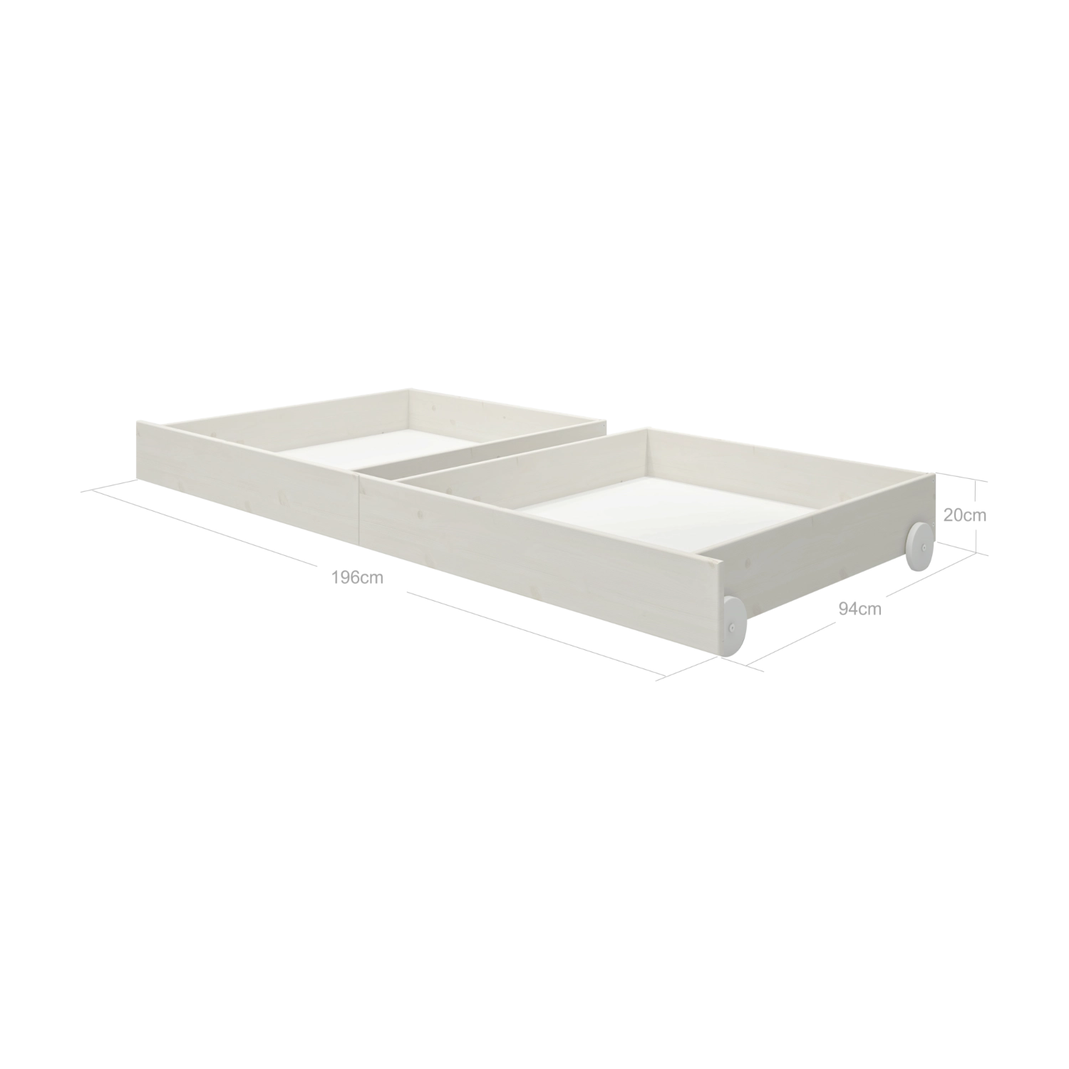 FLEXA-ladekasten van witgrenen met wieltjes voor onder het bed, hier afgebeeld in een kinderkamer, met afgeronde randen voor de veiligheid.