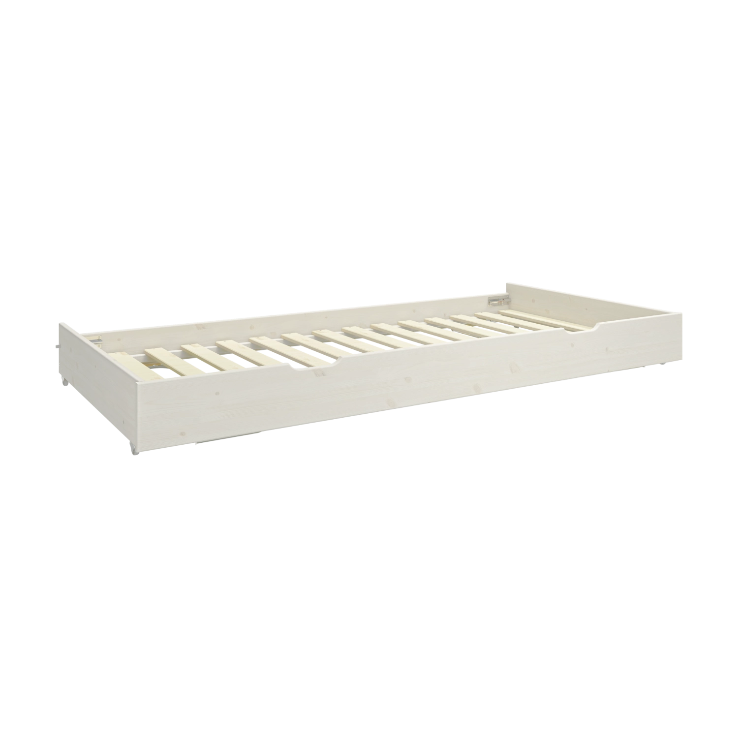 FLEXA pull-out bed from the WHITE collection in white, child-safe design with slatted base, shown in a kids’ bedroom.