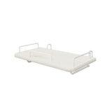 FLEXA bedside table from WHITE collection, light wood MDF with white metal brackets, mounts safely beside a bed.