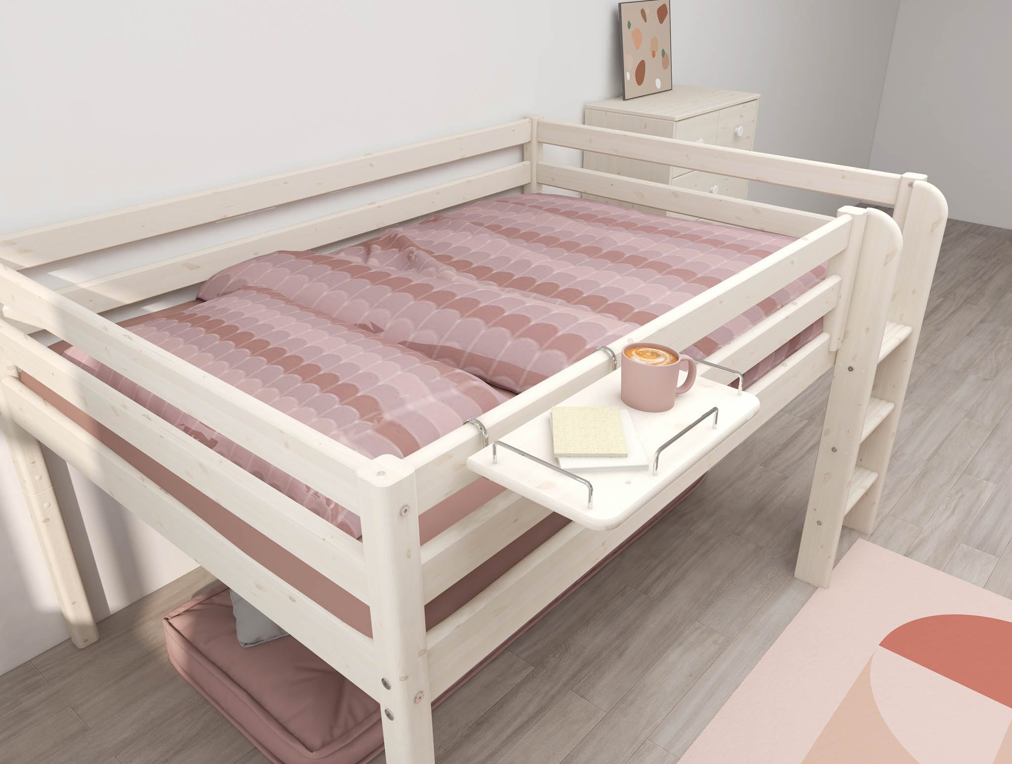 FLEXA loft bed in light wood with pink bedding, white FLEXA bedside table and soft pink rug in a child’s bedroom.