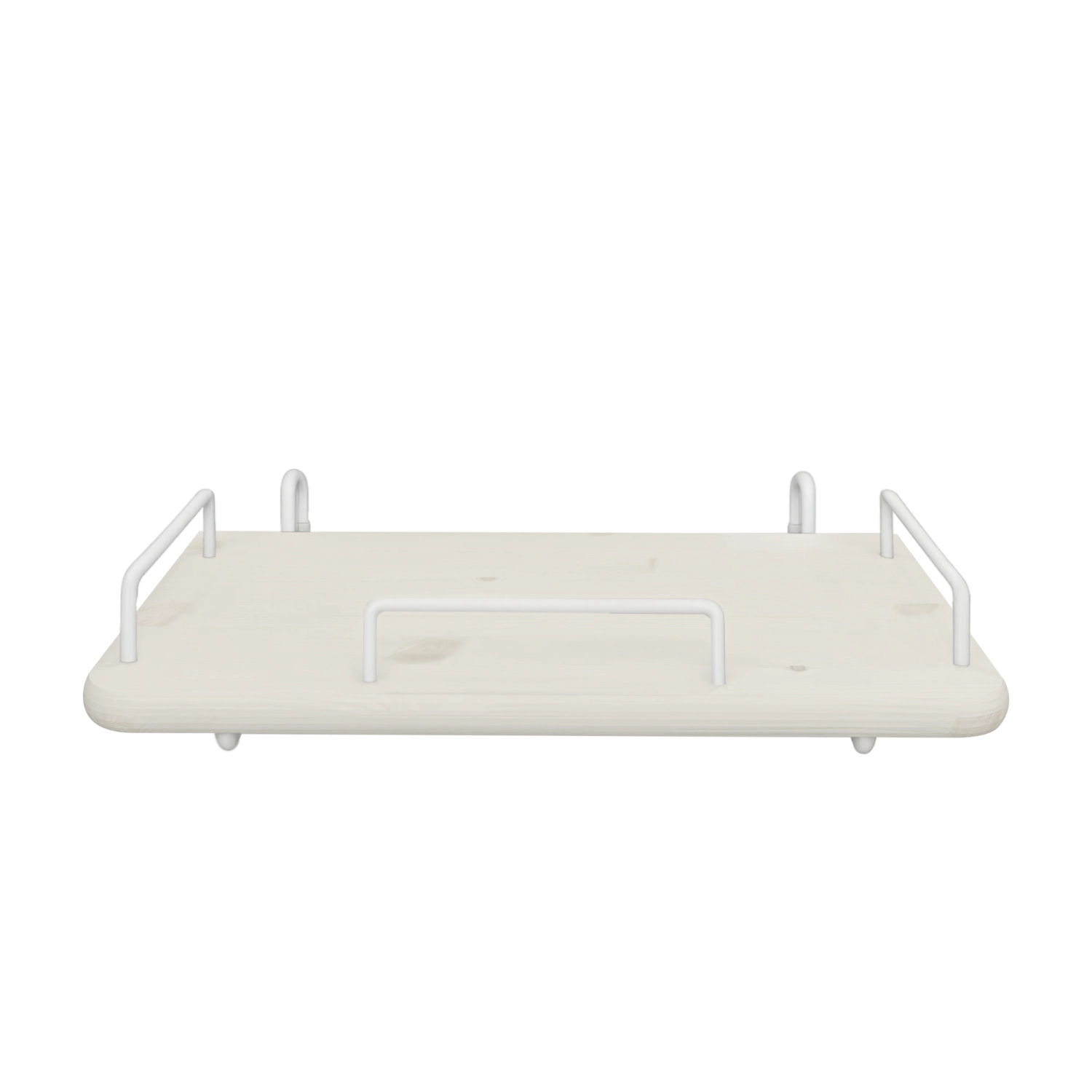 FLEXA nachtkastje, wit MDF-blad met metalen handgrepen, hangt naast een kinderbed; afgeronde randen voor de veiligheid.