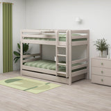FLEXA light wood bunk bed with green bedding, grey bedside table, dresser and rug in a child’s bedroom.