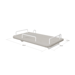 FLEXA bedside tray, grey MDF, white metal handles, hangs by bed; child-safe with smooth edges for kids’ rooms.
