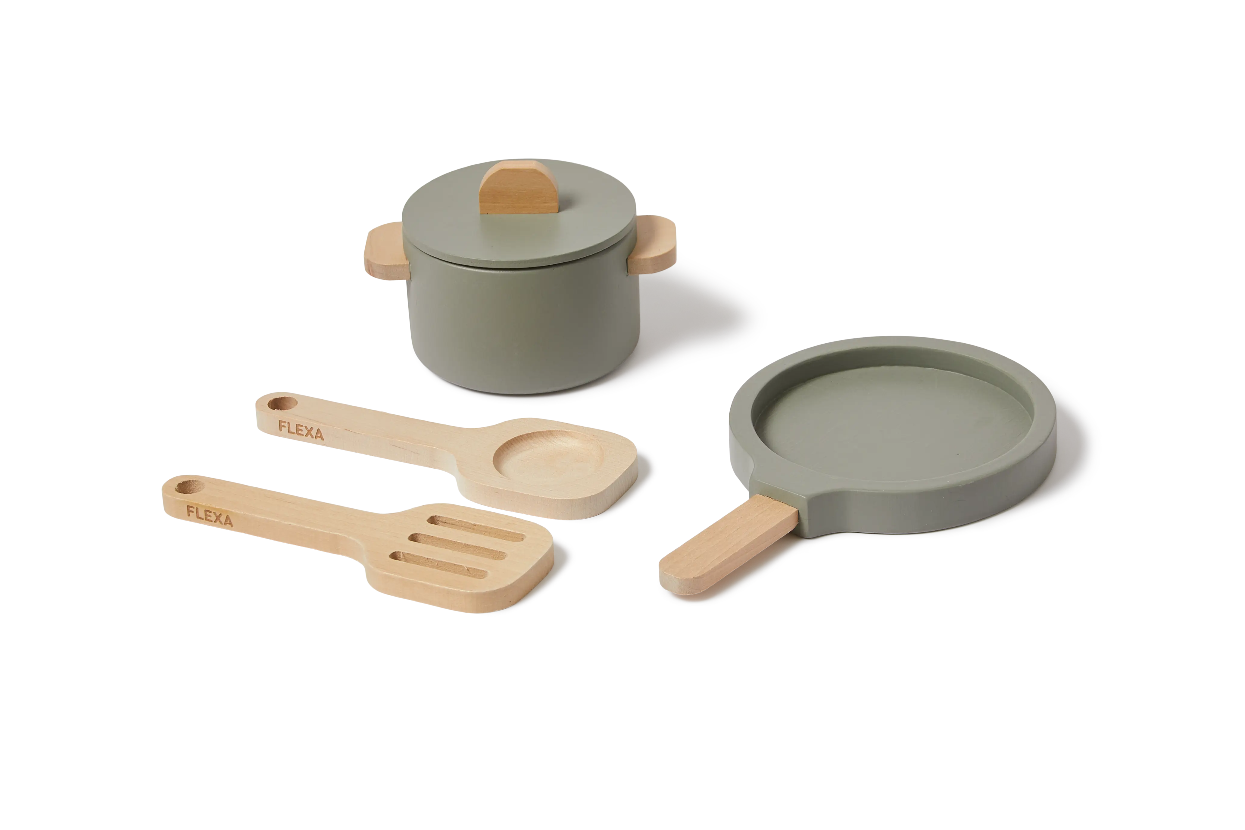 Pot & Pan, 5 pcs, Handpainted, Green PLAY pot-pan-greenish-natural-wood  flexa-com.myshopify.com