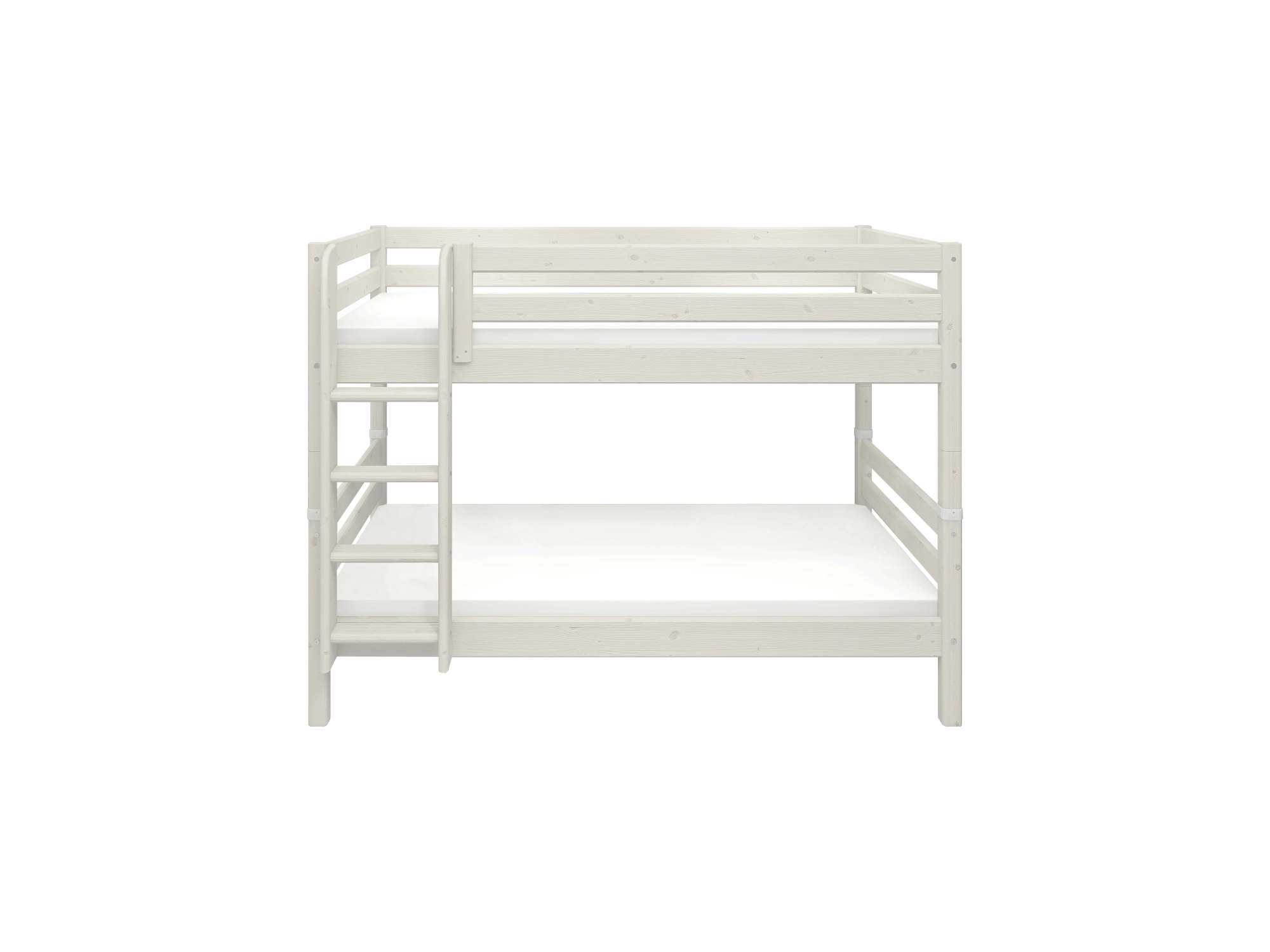 FLEXA CLASSIC white bunk bed, 90x200 cm, left ladder, safety rail, child-safe design in a kids’ bedroom setting.