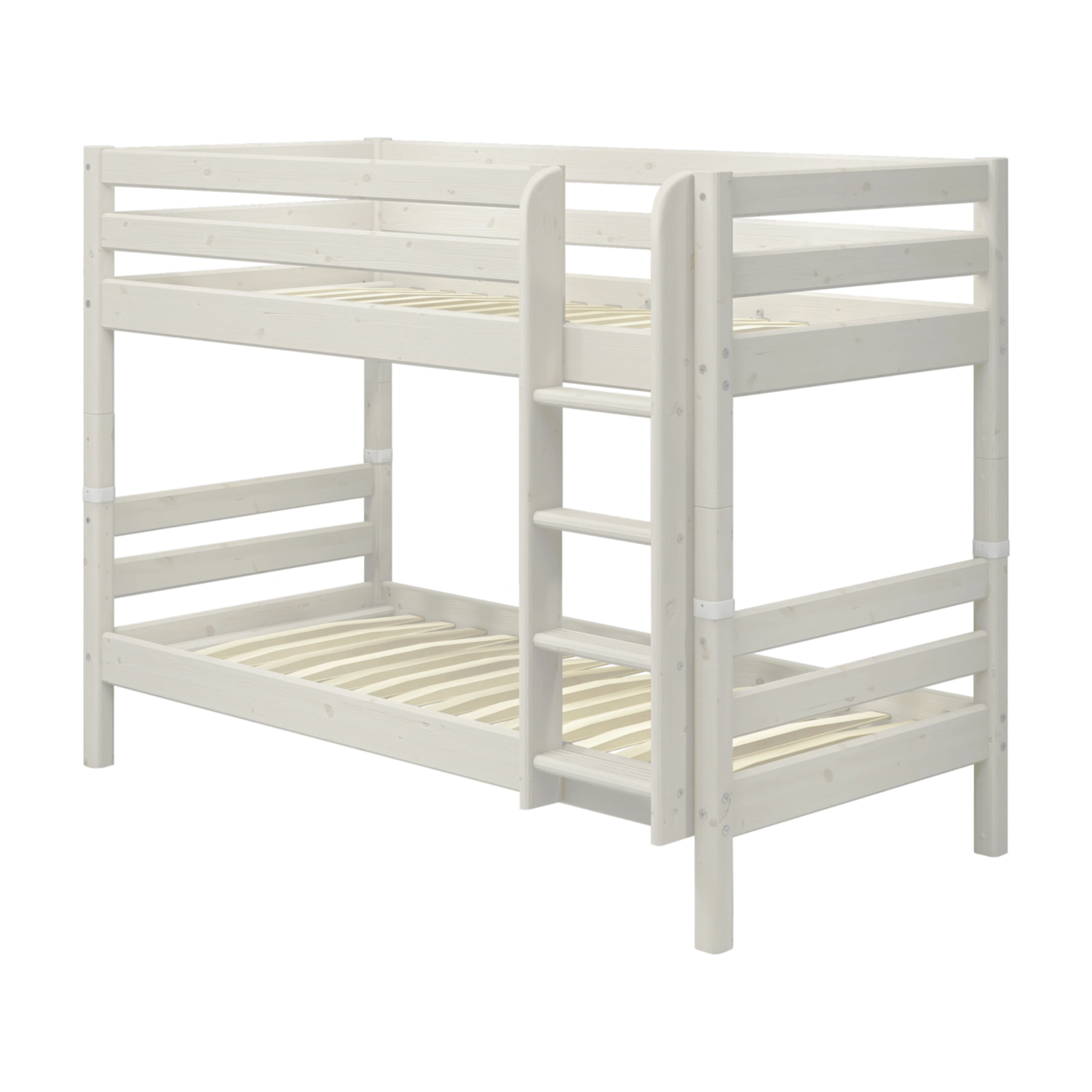 FLEXA white bunk bed ladder and legs, solid pine with anti-slip steps, shown in a children’s bedroom setting.