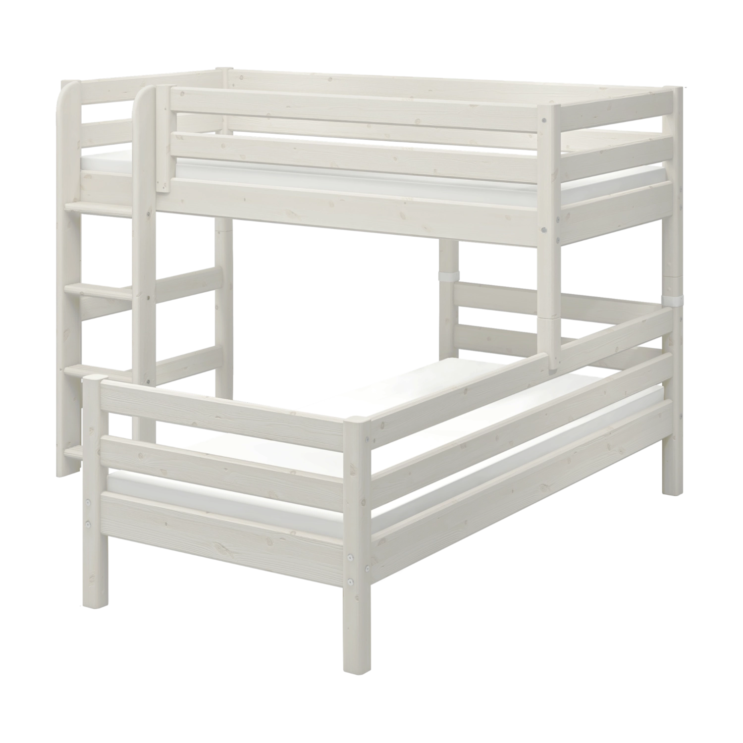 FLEXA CLASSIC white pine bunk bed with left ladder and safety rail, child-safe design for kids’ bedroom.
