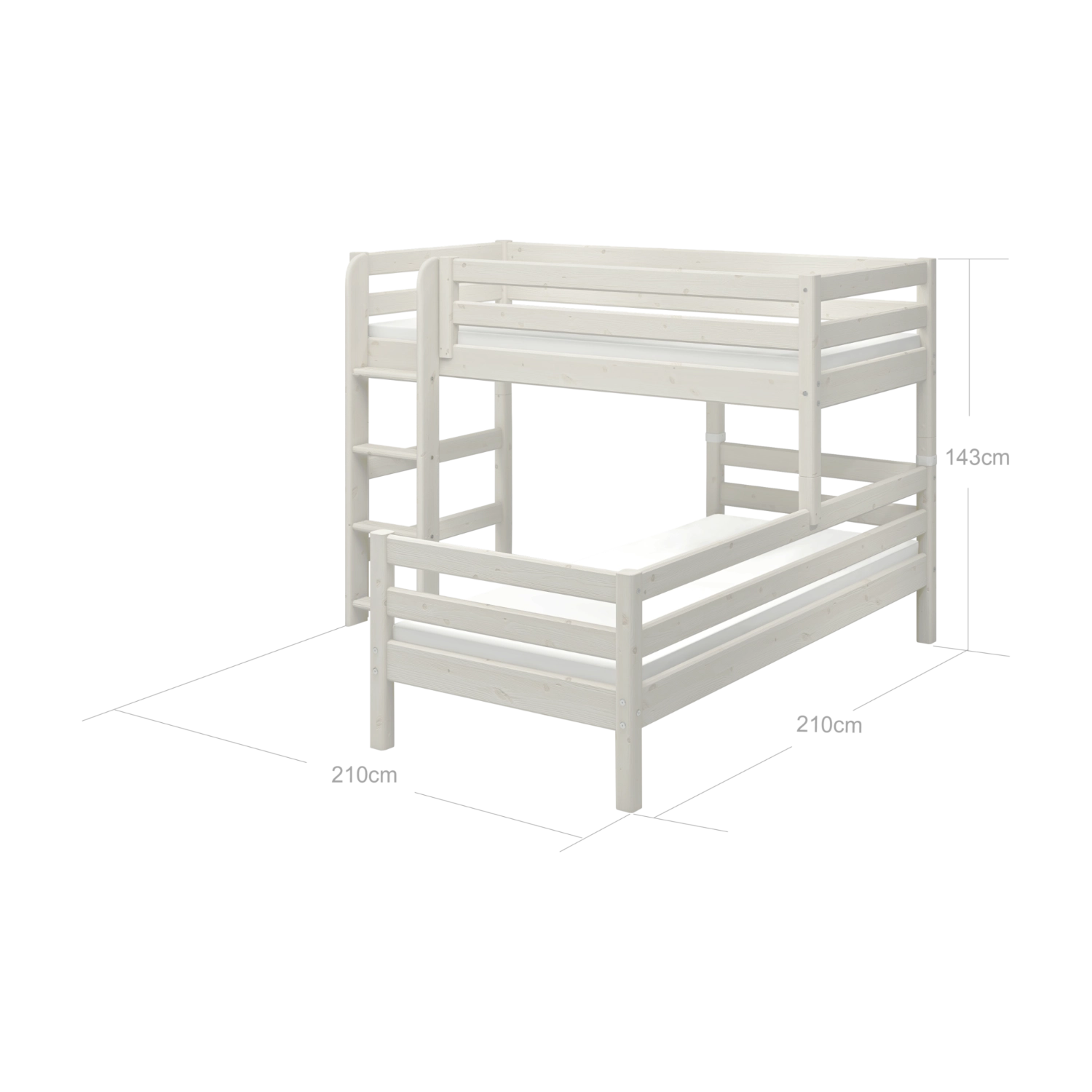 FLEXA CLASSIC white pine bunk bed with ladder and guard rails, shown in a child’s bedroom, child-safe design visible.