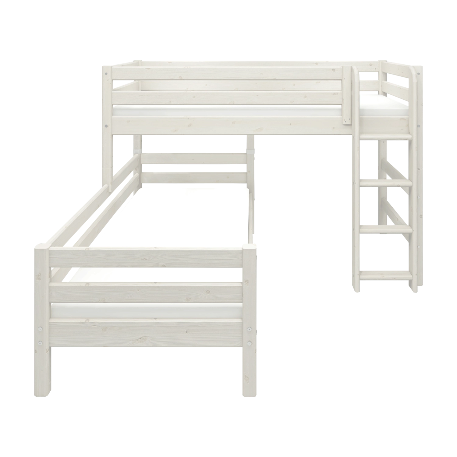 FLEXA white bunk bed with ladder and safety rail, CLASSIC range, child-safe design in a bright children’s room.