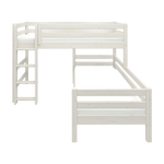 FLEXA CLASSIC white pine L-shape bunk bed, visible ladder, safety rail; shown in a child’s bedroom.