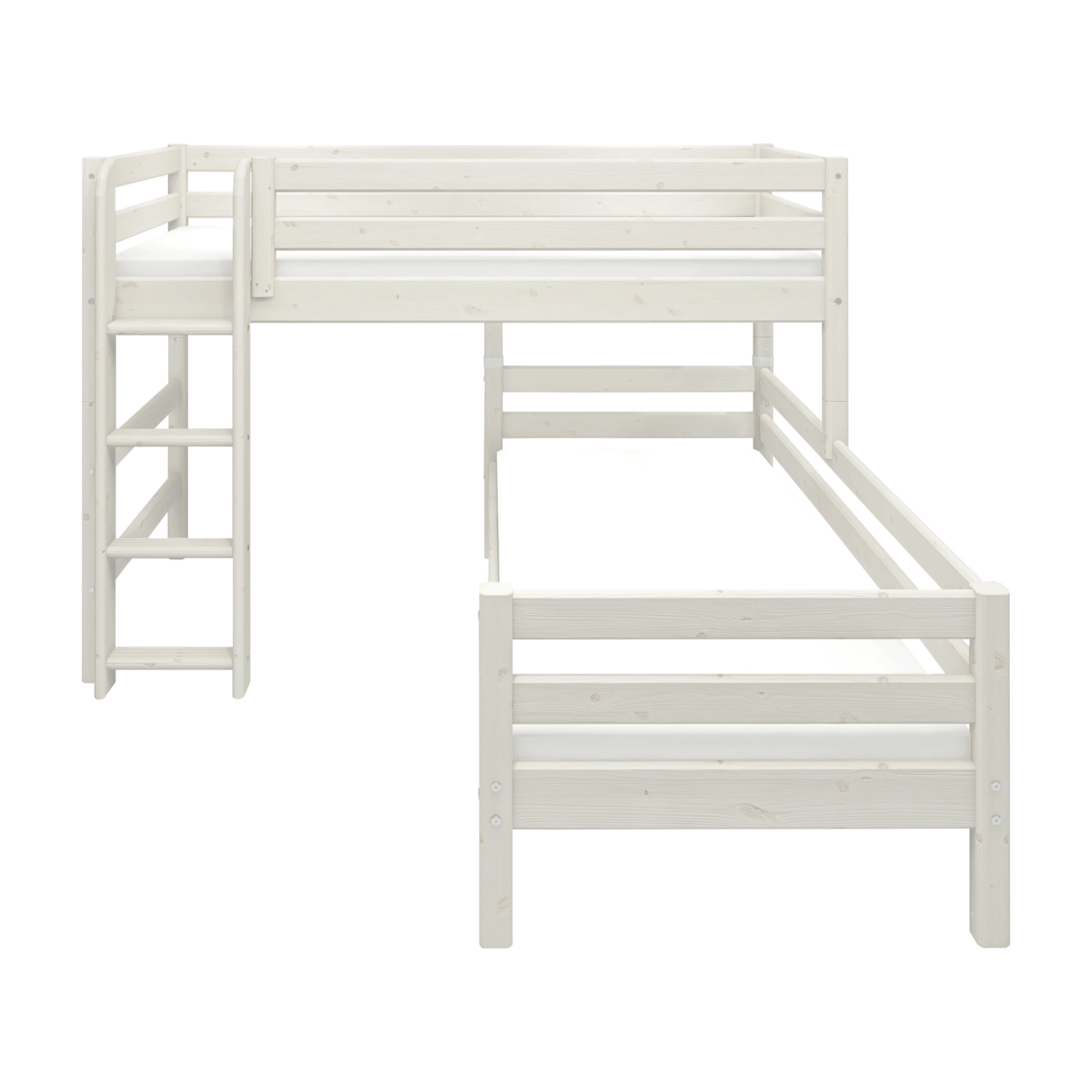 FLEXA CLASSIC white pine L-shape bunk bed, visible ladder, safety rail; shown in a child’s bedroom.