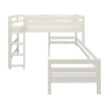 FLEXA CLASSIC white pine L-shape bunk bed, visible ladder, safety rail; shown in a child’s bedroom.