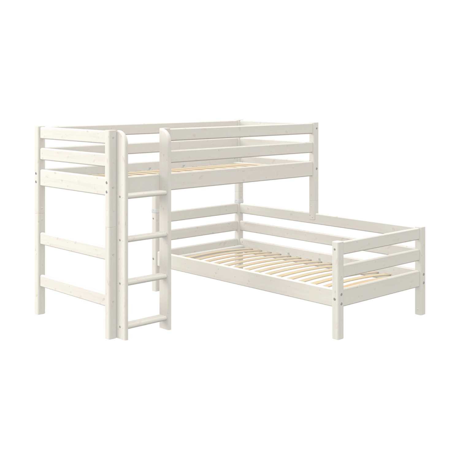 FLEXA white pine high bed legs for twin bed, part of FLEXA collection, visible ladder and slatted base, child-safe design.