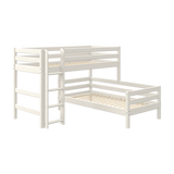FLEXA white pine high bed legs for twin bed, part of FLEXA collection, visible ladder and slatted base, child-safe design.