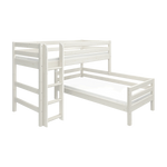 FLEXA bunk bed, CLASSIC collection, white pinewood with ladder and safety rail, child-safe features for kids’ room.
