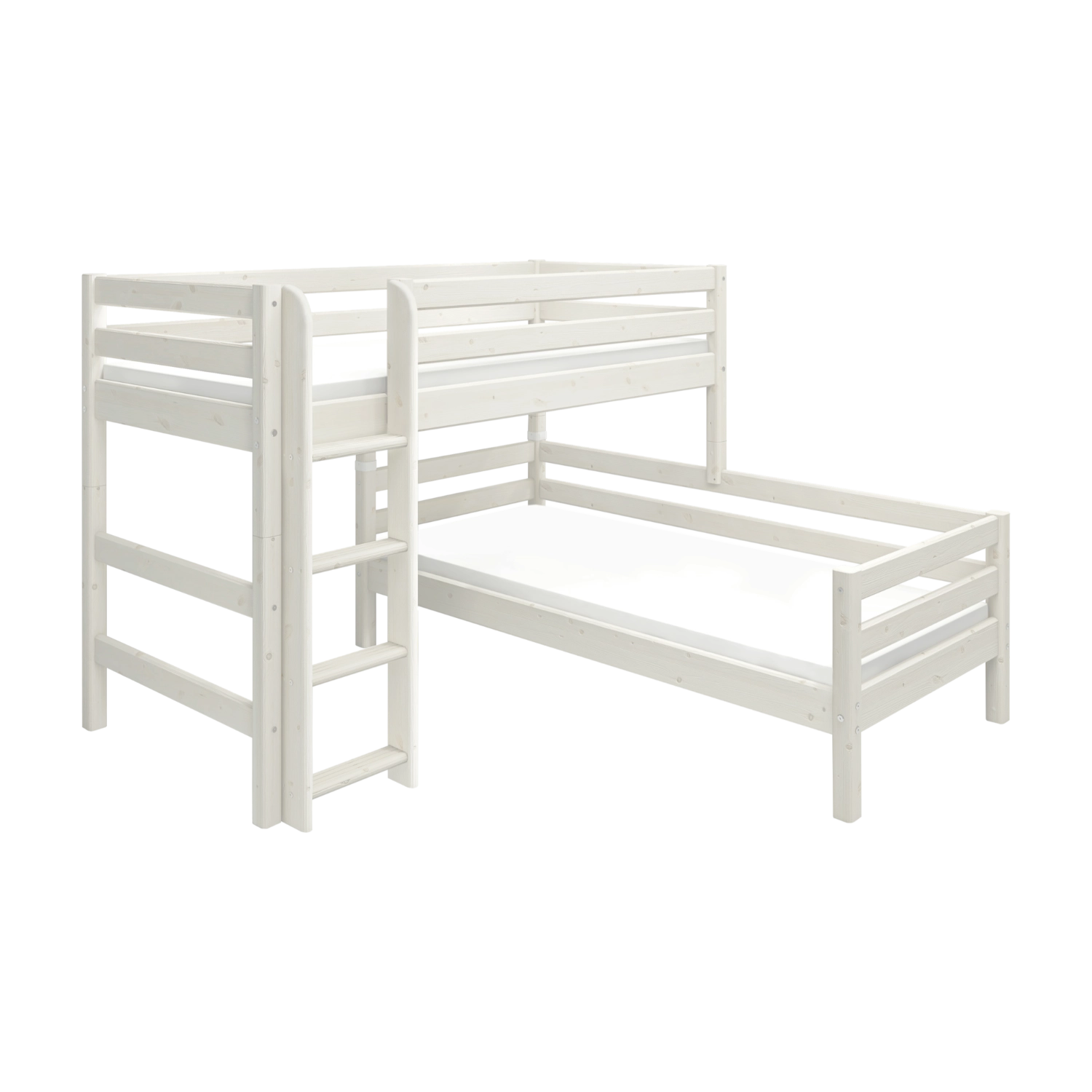 FLEXA bunk bed, CLASSIC collection, white pinewood with ladder and safety rail, child-safe features for kids’ room.
