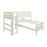 FLEXA bunk bed, CLASSIC collection, white pinewood with ladder and safety rail, child-safe features for kids’ room.