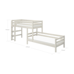 FLEXA white semi-high bunk bed with ladder and safety rail, child-safe design, shown in a children’s bedroom.