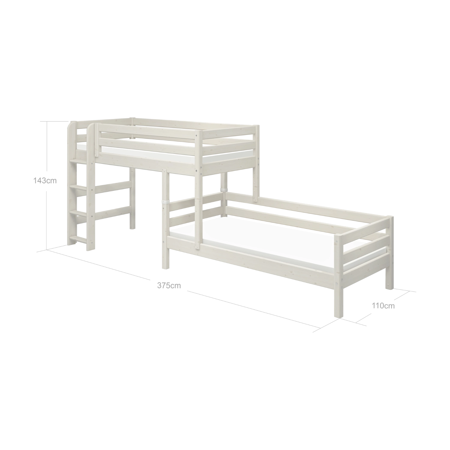 FLEXA white semi-high bunk bed with ladder and safety rail, child-safe design, shown in a children’s bedroom.