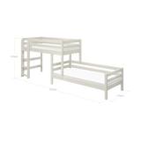 FLEXA white semi-high bunk bed with ladder and safety rail, child-safe design, shown in a children’s bedroom.