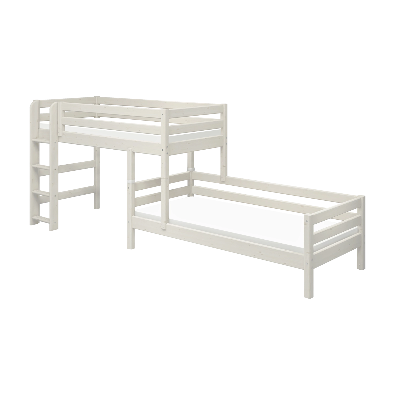 FLEXA bunk bed from CLASSIC range in white pine, visible ladder and safety rail, shown in a child’s bedroom setting.