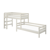 FLEXA bunk bed from CLASSIC range in white pine, visible ladder and safety rail, shown in a child’s bedroom setting.