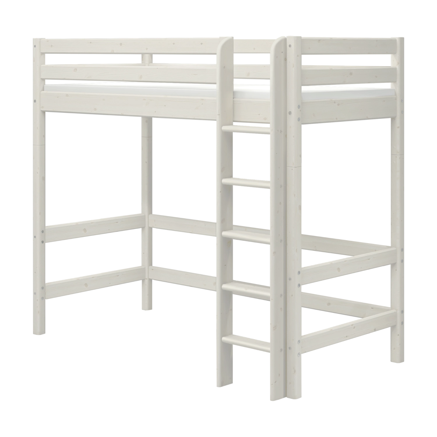FLEXA WHITE solid pine bed legs for high loft bed, visible built-in ladder, smooth child-safe edges in kids’ room.