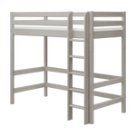 FLEXA grey pine high bed with ladder, child-safe rails, and open space underneath; shown on white background.