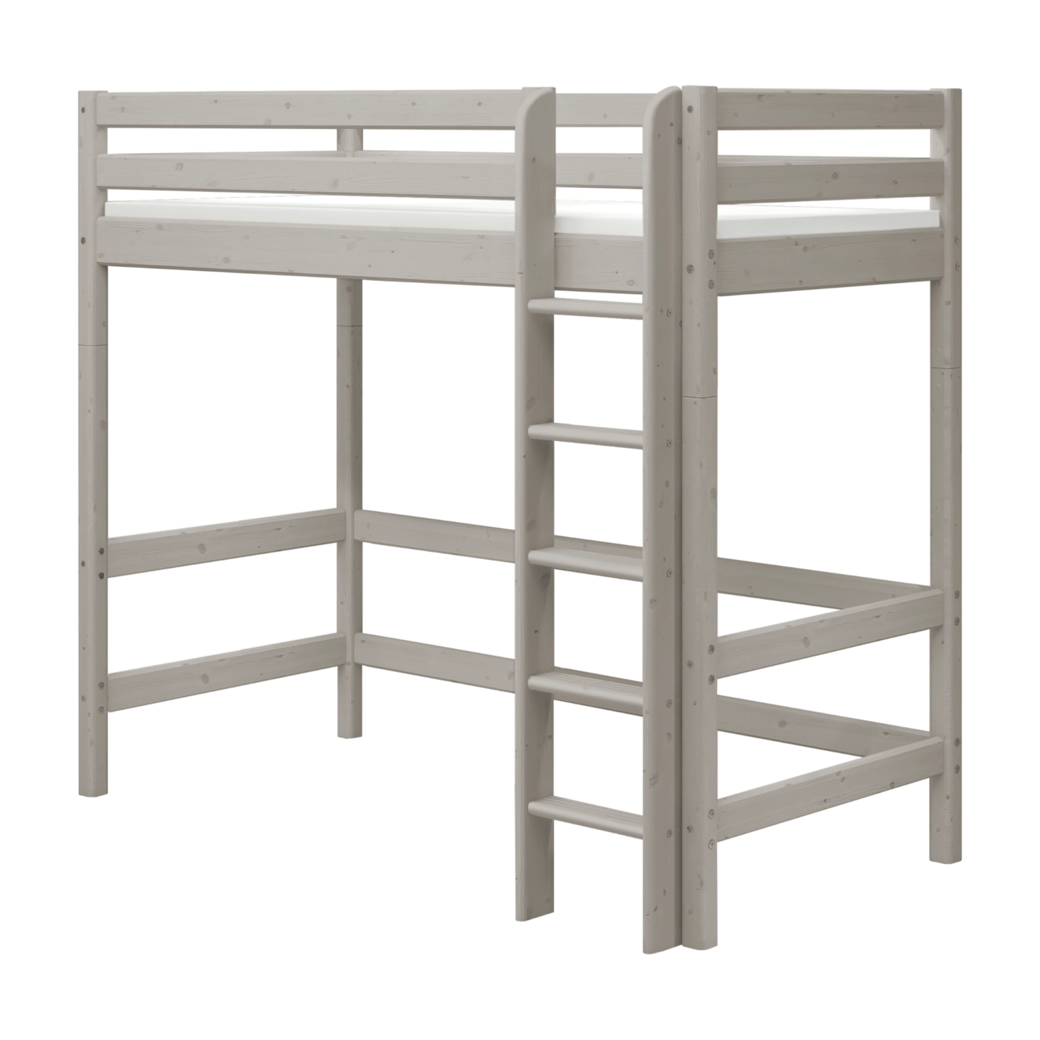 FLEXA grey pine high bed with ladder, child-safe rails, and open space underneath; shown on white background.