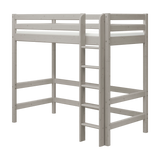 FLEXA grey pine high bed with ladder, child-safe rails, and open space underneath; shown on white background.