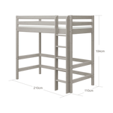 High Bed 184 cm with Safety Rail and Ladder, 90x200 cm, Grey
