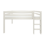 FLEXA WHITE high bed from NOR collection, white pine, ladder and safety rail, shown in a minimal children’s bedroom.