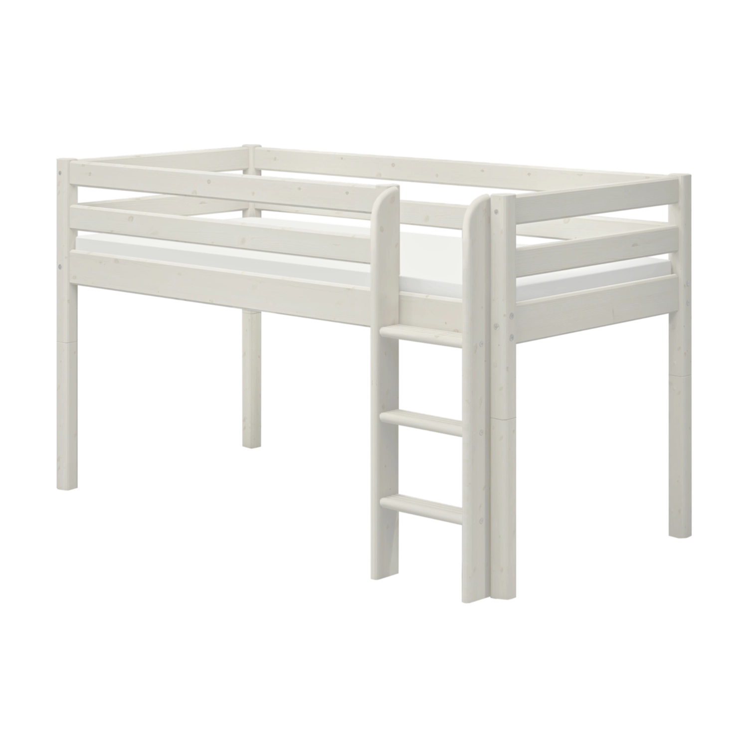 FLEXA high bed from WHITE collection, solid white frame with safety rail and ladder, set against a plain background.