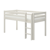 FLEXA high bed from WHITE collection, solid white frame with safety rail and ladder, set against a plain background.