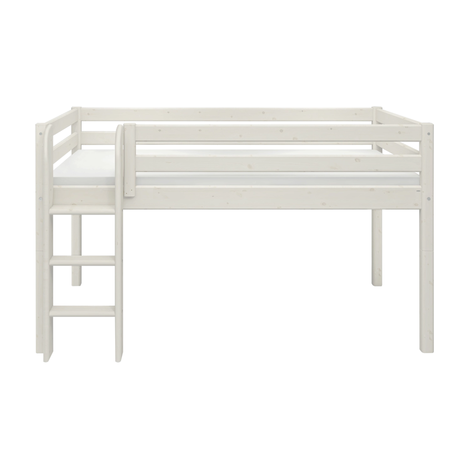 FLEXA high bed from the WHITE collection, white finish, safety rail and ladder, shown against a plain background.