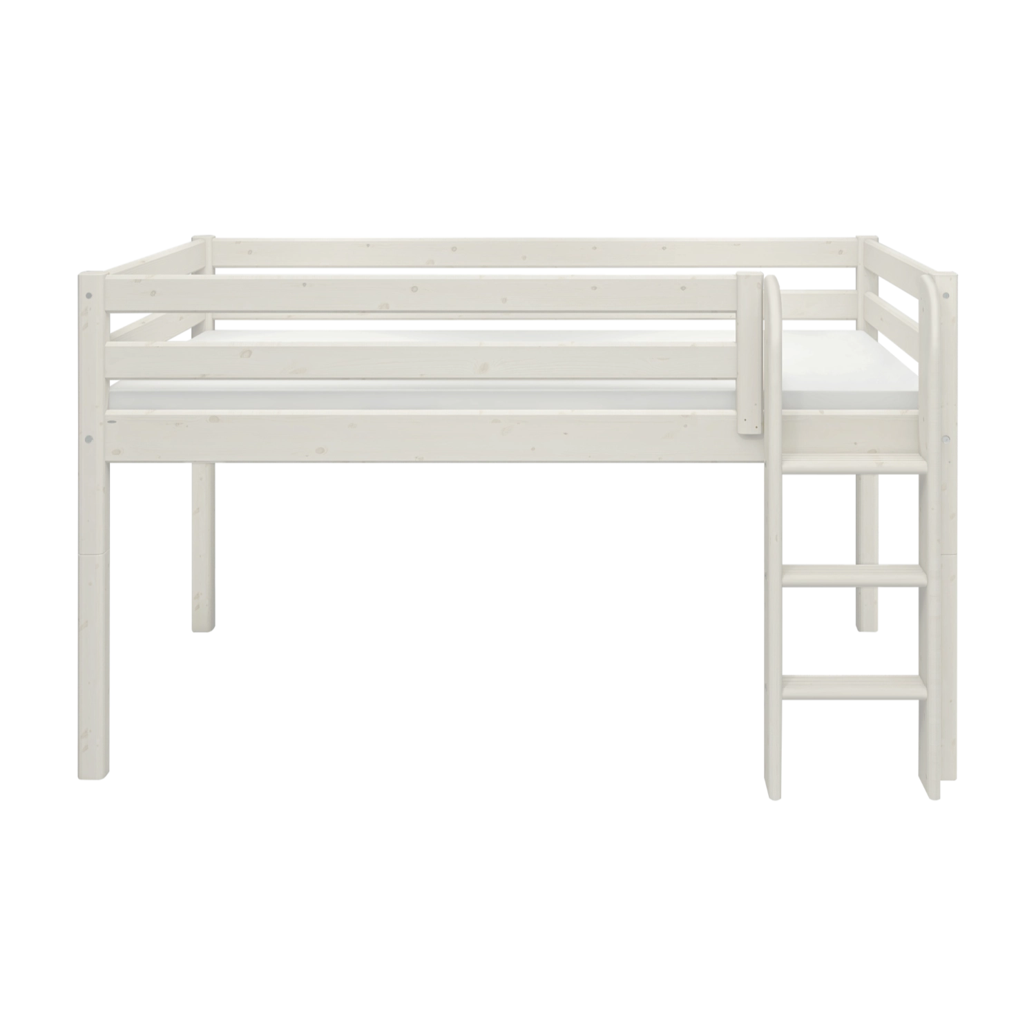 FLEXA high bed from CLASSIC range, white pine, 90x200 cm, right ladder, safety rail, child’s room setting.