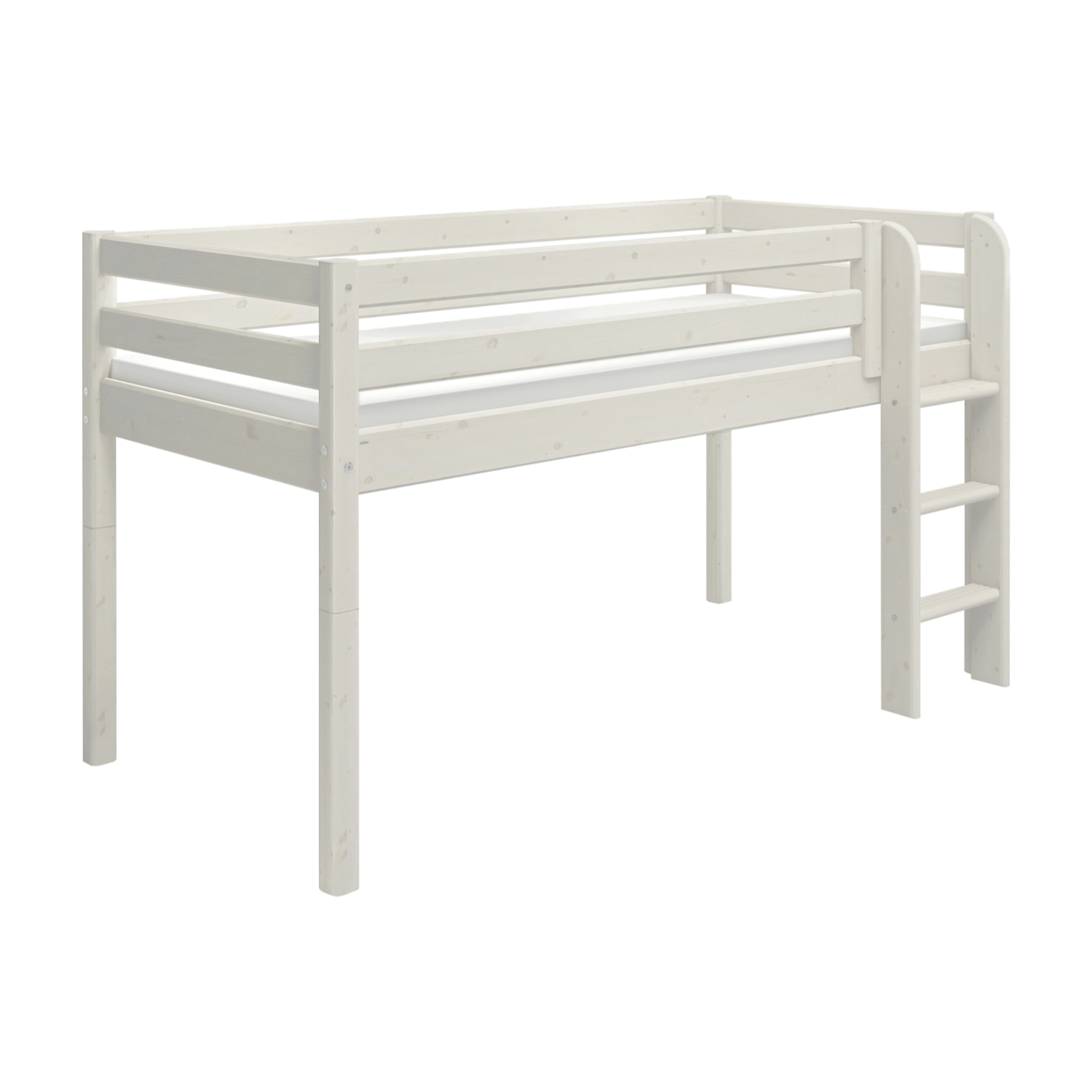 FLEXA high bed from WHITE collection, white finish, right-side ladder, safety rail, child-safe design against plain backdrop.