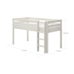 FLEXA WHITE high bed from the CLASSIC range, 90x200 cm, with safety rail and ladder, in a child’s bedroom.