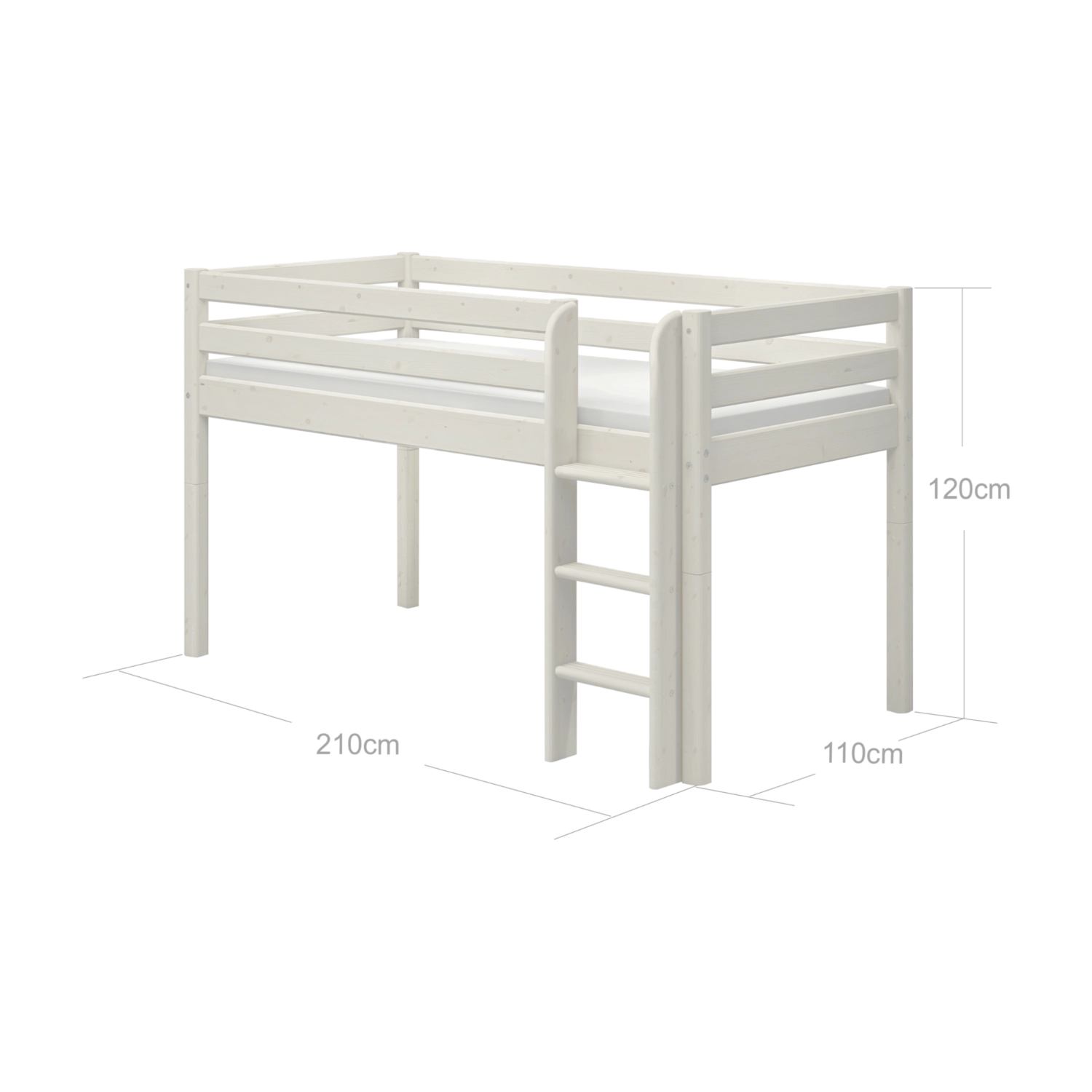 FLEXA WHITE high bed from the CLASSIC range, 90x200 cm, with safety rail and ladder, in a child’s bedroom.