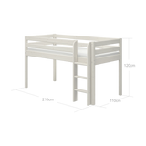 FLEXA WHITE high bed from the CLASSIC range, 90x200 cm, with safety rail and ladder, in a child’s bedroom.