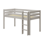 FLEXA CLASSIC grey pine high bed ladder and legs with right anti-slip ladder, visible guardrails, child-safe design.